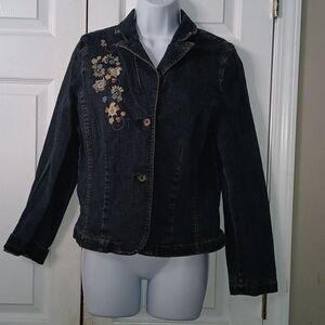 Casual Corner Annex Petite Stretch Denim floral embroidered jean jacket Sz M